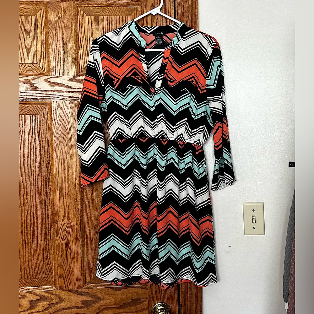 Justify Black, Coral & Aqua Chevron Long Sleeve Dress
